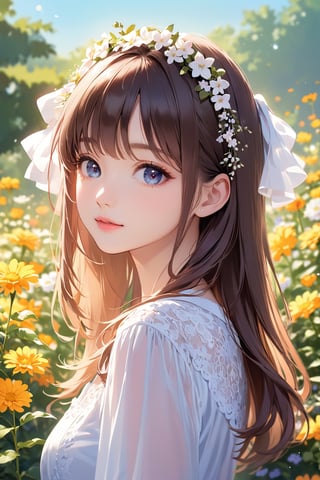 (best quality, highres),brown hair,bow on head,girl,beautiful detailed eyes,beautiful detailed lips,long eyelashes,soft facial features,flower garden background, vibrant colors,pleasant lighting,artistic rendering, decorative text:’’TA’’, text:’’1st Anniversary’’,(The cutest girl in the world:1.5),