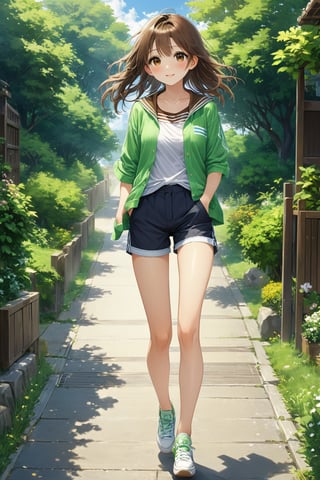 Girl 1, ultra high definition, wind blowing hair, brown eyes, brown hair, delicate facial features, eye smile, {{{masterpiece}}}, {{highest quality}}, high resolution, high detail, natural movements everyday life, idol style Outfit, light green horizontal striped collar T-shirt, shoes, shorts, summer cardigan,