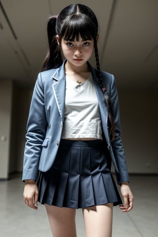  (best quality, masterpiece, ultra detailed, ultra high res, photorealistic, raw photo, absurdres, absolutely resolution:1.3),flat Chest,infant body shape,12yo cute girl,school uniform, blazer, school, dark blue skirt, short skirt,ponytail,