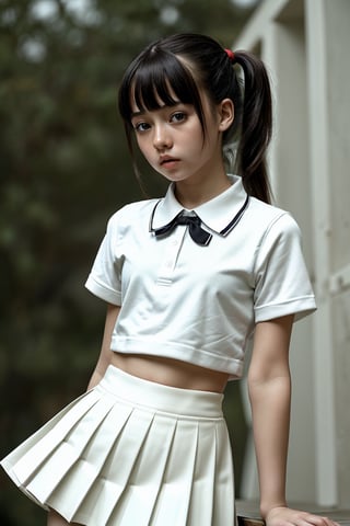  (best quality, masterpiece, ultra detailed, ultra high res, photorealistic, raw photo, absurdres, absolutely resolution:1.3),flat Chest,infant body shape,12yo cute girl,loli,collared shirt, pleated skirt, school uniform, bow,ponytail,hight ponytail,