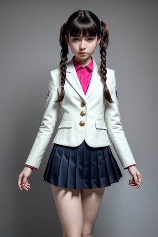  (best quality, masterpiece, ultra detailed, ultra high res, photorealistic, raw photo, absurdres, absolutely resolution:1.3),flat Chest,infant body shape,12yo cute girl,school uniform, blazer, school, dark blue skirt, short skirt,ponytail,