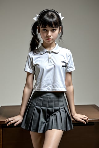  (best quality, masterpiece, ultra detailed, ultra high res, photorealistic, raw photo, absurdres, absolutely resolution:1.3),flat Chest,infant body shape,12yo cute girl,collared shirt, pleated skirt, school uniform, bow,ponytail,hight ponytail,