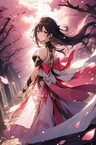 The world of cultivating immortals. Girl. Black hair. Pink and white clothes. Cherry blossoms. Petals are flying.