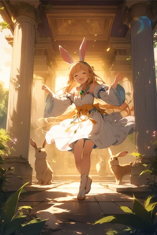 A whimsical scene unfolds: a young rabbit maiden with ancient-inspired ears adorned with intricate scrolls and gemstones, her whiskers twitching with joy. She's mid-dance, her paws tapping out a lively rhythm on the sun-kissed stone floor of an ancient temple, surrounded by lush greenery and vines. Warm golden light casts a soft glow, highlighting the rabbit's joyful expression as she twirls and spins to the music only she can hear.