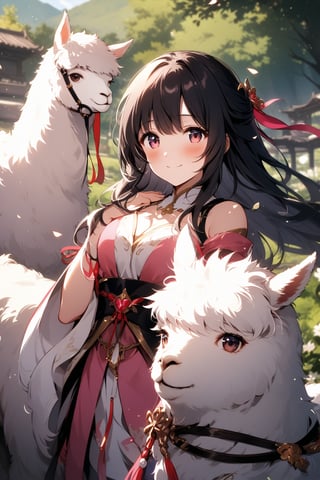 The world of cultivating immortals. girl. black hair. Pink and white clothes. White alpaca.Happy