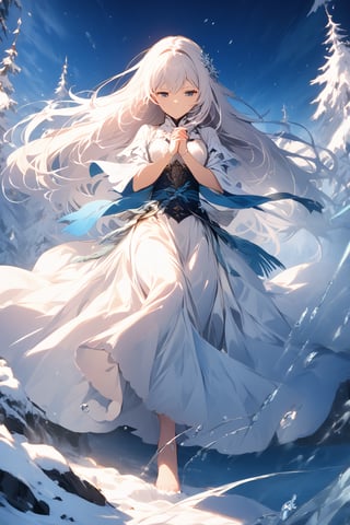 A serene martial arts practitioner stands majestically against a backdrop of untouched winter wonderland. She wears a flowing white dress that billows in the gentle breeze, her long white hair cascading down her back like a river of frost. The icy air is filled with the soft crunch of snow beneath her feet as she assumes a powerful stance, her hands clasped together in contemplation.