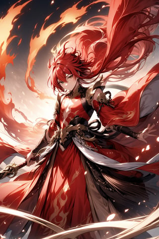 The world of cultivating immortals. Male. Red hair. Red clothes. There are flame patterns on the clothes.