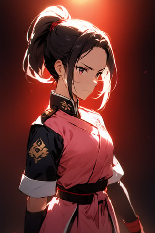 A young martial arts practitioner stands confidently in a dimly lit studio, wearing a vibrant pink dress that complements her sharp jawline. Her raven-black hair is tied back in a sleek ponytail, accentuating her determined expression. The soft lighting casts a warm glow on the subject's face and highlights the intricate details of her uniform.