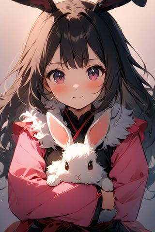 A young martial arts practitioner in a dynamic pose, dressed in pink clothing and sporting jet-black hair, holds a adorable rabbit in her arms. The framing is tight, with the subject centered against a subtle gradient background. Soft, diffused light illuminates the scene, highlighting the textures of her clothes and the rabbit's fluffy fur. The composition is balanced by the diagonal line formed by the girl's arm and the rabbit's ears.