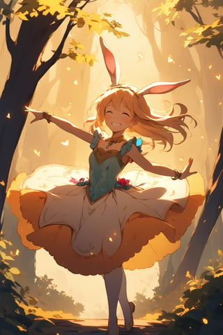 A whimsical illustration of a joyful female rabbit with vibrant, ancient-inspired ears, set against a warm, golden background. She's captured in mid-dance, her long ears flapping wildly as she twirls with abandon. Soft, candlelit lighting casts a gentle glow on her smiling face and the surrounding foliage.