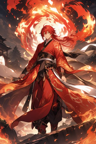 The world of cultivating immortals. Male. Red hair. Red clothes. There are flame patterns on the clothes.