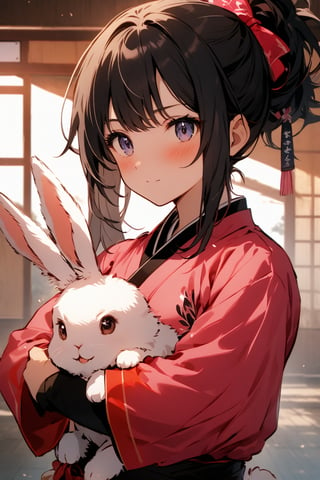 martial arts girl pink clothes black hair holding rabbit