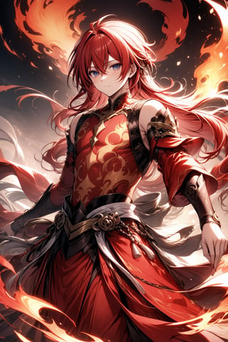 The world of cultivating immortals. Male. Red hair. Red clothes. There are flame patterns on the clothes.