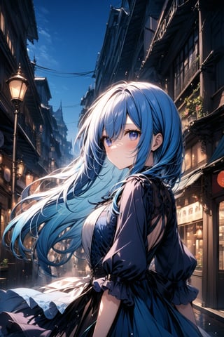 in the city. female. Long blue hair.