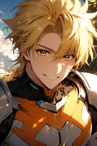 Future technology. Male. Sunny and handsome, with well-developed muscles and a bright smile. blond