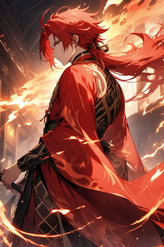 The world of cultivating immortals. Male. Red hair. Red clothes. There are flame patterns on the clothes.