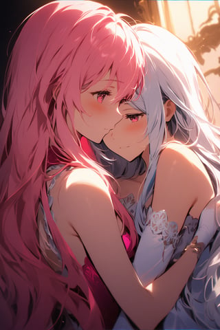 Two young girls, one dressed in crisp white attire with striking white locks, the other donning vibrant pink clothing and dark, luscious hair, share a tender moment of affection as they hug each other tightly. The soft focus and warm lighting evoke a sense of intimacy and closeness, while the contrasting colors create a visually striking composition.