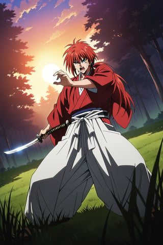 (masterpiece, best quality, ultra HD anime quality, super high resolution, 1980s/(style), retro, anatomically correct, perfect anatomy), (Himura Kenshin), one boy, solo, (red hair, long hair, low ponytail, thick bangs between the eyes, messy hair, purple eyes, sharp eyes, scar on face, angry face), emitting aura, (mouth open as if screaming), looking at the camera, (red kimono top, white hakama pants, black waistband), weapon, one Japanese sword, (Japanese sword has blade, tsuba, grip), wearing straw sandals, (four fingers and one thumb), (taking a fighting stance, holding the grip of the Japanese sword, standing low, legs spread wide, alone, in a grassland), (sunset view, distant forest, large grassland, dim grassland, grass, sunset), (front, angle from below), score 9, score 8_up, score 7_up, score 6_up,