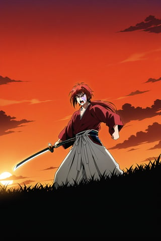 (masterpiece, best quality, ultra HD anime quality, super high resolution, 1980s/(style), retro, anatomically correct, perfect anatomy), (Himura Kenshin), one boy, solo, (red hair, long hair, low ponytail, thick bangs between the eyes, messy hair, purple eyes, sharp eyes, scar on face, angry face), emitting aura, (mouth open as if screaming), looking at the camera, (red kimono top, white hakama pants, black waistband), weapon, one Japanese sword, (Japanese sword has blade, tsuba, grip), wearing straw sandals, (four fingers and one thumb), (taking a fighting stance, holding the grip of the Japanese sword, standing low, legs spread wide, alone, in a grassland), (sunset view, distant forest, large grassland, dim grassland, grass, sunset), (front, angle from below), score 9, score 8_up, score 7_up, score 6_up,Himura Kenshin,red hair