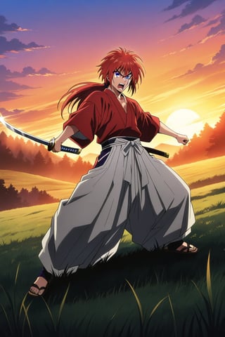 (masterpiece, best quality, ultra HD anime quality, super high resolution, 1980s/(style), retro, anatomically correct, perfect anatomy), (Himura Kenshin), one boy, solo, (red hair, long hair, low ponytail, thick bangs between the eyes, messy hair, purple eyes, sharp eyes, scar on face, angry face), emitting aura, (mouth open as if screaming), looking at the camera, (red kimono top, white hakama pants, black waistband), weapon, one Japanese sword, (Japanese sword has blade, tsuba, grip), wearing straw sandals, (four fingers and one thumb), (taking a fighting stance, holding the grip of the Japanese sword, standing low, legs spread wide, alone, in a grassland), (sunset view, distant forest, large grassland, dim grassland, grass, sunset), (front, angle from below), score 9, score 8_up, score 7_up, score 6_up,Himura Kenshin,red hair