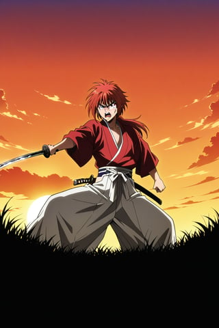 (masterpiece, best quality, ultra HD anime quality, super high resolution, 1980s/(style), retro, anatomically correct, perfect anatomy), (Himura Kenshin), one boy, solo, (red hair, long hair, low ponytail, thick bangs between the eyes, messy hair, purple eyes, sharp eyes, scar on face, angry face), emitting aura, (mouth open as if screaming), looking at the camera, (red kimono top, white hakama pants, black waistband), weapon, one Japanese sword, (Japanese sword has blade, tsuba, grip), wearing straw sandals, (four fingers and one thumb), (taking a fighting stance, holding the grip of the Japanese sword, standing low, legs spread wide, alone, in a grassland), (sunset view, distant forest, large grassland, dim grassland, grass, sunset), (front, angle from below), score 9, score 8_up, score 7_up, score 6_up,