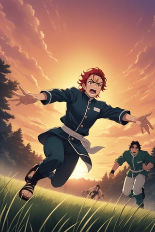 (masterpiece, best quality, ultra HD anime quality, super high resolution, 1980s/(style), retro, anatomically accurate, perfect anatomy), (tanjirou_kamado), one boy, solo, (red hair, short hair, slicked back, messy hair, forehead, red eyes, crying face), crying tears, tears scattered around, scar, scar on face, scar on forehead, (mouth open as if screaming), (piercing, earring, sunrise tag), looking at camera, (Demon Slayer uniform top, Demon Slayer uniform pants, navy blue uniform), (bandages wrapped around both shins), wearing straw sandals, (four fingers and one thumb), (chasing, diving, one hand stretched straight out, fingers positioned as if trying to grab, hands spread wide, one hand pointing toward the ground, legs spread wide, in a grassland), (sunset view, distant forest, grassland, dim grassland, grass, sunset), (side view, angle from below), score 9, score 8_up, score 7_up, score 6_up,