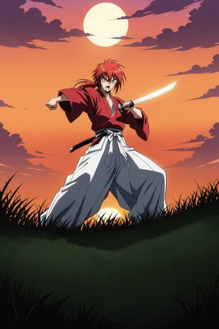 (masterpiece, best quality, ultra HD anime quality, super high resolution, 1980s/(style), retro, anatomically correct, perfect anatomy), (Himura Kenshin), one boy, solo, (red hair, long hair, low ponytail, thick bangs between the eyes, messy hair, purple eyes, sharp eyes, scar on face, angry face), emitting aura, (mouth open as if screaming), looking at the camera, (red kimono top, white hakama pants, black waistband), weapon, one Japanese sword, (Japanese sword has blade, tsuba, grip), wearing straw sandals, (four fingers and one thumb), (taking a fighting stance, holding the grip of the Japanese sword, standing low, legs spread wide, alone, in a grassland), (sunset view, distant forest, large grassland, dim grassland, grass, sunset), (front, angle from below), score 9, score 8_up, score 7_up, score 6_up,