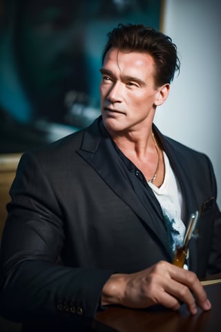 1man, handsome Arnold Alois Schwarzenegger, upper body, flawless likeness, medium shot, beach, (ultra detailed, detailed face, masterpiece) concept art, oil pastel painting , moody colors, realistic skin tones, style of Malika Favre, Ilya Kuvshinov, Franz Xaver Winterhalter, Alice Pasquin (cel shaded:1.1), 2d, (oil painting:1.2) highly detailed, jeremy mann