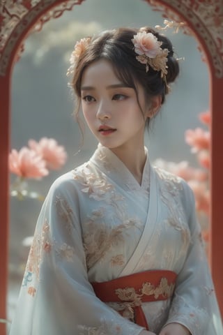 A girl, wearing hanfu, peony garden, butterfly, (negative space:1.4), fusion of art nouveau styles with gongbi painting, gold and white and red hue, Mucha style, (Cinematic lighting, ethereal light, intricate details, extremely detailed, incredible details, full colored), complex details, hyper maximalist, gorgeous light and shadow, detailed decoration, detailed lines. masterpiece, best quality, HDR, UHD, unreal engine. looking at the camera, fair skin, beautiful face,Colors
