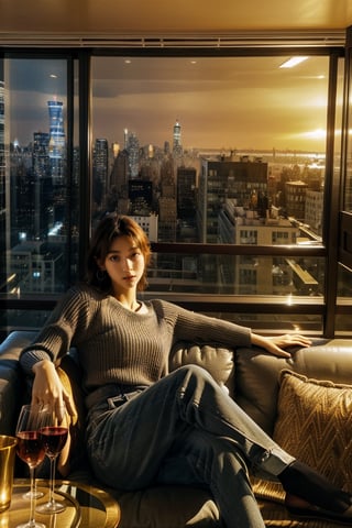 Interior of a New York penthouse. Maximalist interior design, with a view of the city skyline. A gorgeous korean lady sitting on sofa and enjoy her wine,realistic,character