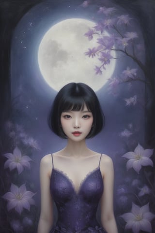 A portrait of a mysterious Chinese woman with black hair in a bob cut, piercing black eyes, and a thoughtful expression, wearing a deep purple dress among night-blooming jasmine and moonflowers. This nocturnal setting captures a serene, mystical aura with acrylics on canvas in a modern gothic style, featuring moonlight shading and ethereal glow. 