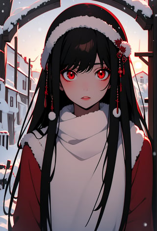 (masterpiece, best quality)     TifaFF7, 1girl, solo, long hair, red eyes, black hair, in a winter wonderland,TifaFF7