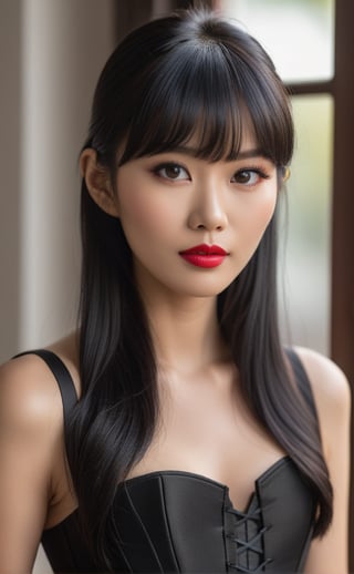  close-up photo of an East Asian woman with long black hair and bangs, wearing a black corset. She has a serene expression with almond-shaped eyes, soft lips with a touch of red lipstick, and smooth, fair skin with a hint of natural glow. Her makeup includes subtle eyeshadow, mascara, and a light blush enhancing her cheekbones. Her hand is delicately placed near her shoulder, showcasing manicured nails. She is standing near a softly lit window, with gentle natural light highlighting her features. The background is slightly blurred, focusing on her face and upper body. BREAK high-resolution camera, close-up lens, natural lighting, modern realism, soft shadows, intimate setting, hd quality, natural look --ar 16:9 --v 6.0