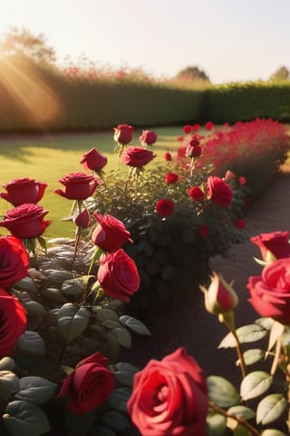 A vibrant red rose garden scene: A camera captures a medium shot of a lush, crimson-hued rose field on a sunny day. Warm golden light filters through the petals, casting a gentle glow. The framing features a central focal point with roses blooming in every direction, creating a sense of depth and dimensionality.