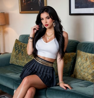 1girl, solo, long hair, looking at viewer, skirt, black hair, jewelry, sitting, earrings, necklace, bracelet, lips, couch, watch, realistic