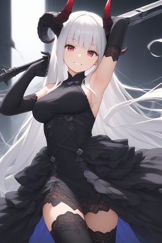 1girl, solo, long hair, breasts, looking at viewer, smile, , bangs, thighhighs, gloves, dress, bare shoulders, very long hair, weapon, white hair, :d, breasts, horns, black gloves, elbow gloves, armpits, black dress, arm up