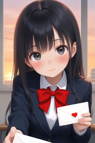 1girl, solo, long hair, looking at viewer, blush, black hair, bow, holding, school uniform, jacket, upper body, solo focus, indoors, bowtie, red bow, window, pov, blazer, red bowtie, sunset, letter, envelope, love letter