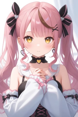 1girl, solo, long hair, looking at viewer, bangs, brown hair, hair ornament, long sleeves, bow, twintails, jewelry, closed mouth, yellow eyes, upper body, pink hair, hair bow, heart, multicolored hair, earrings, detached sleeves, choker, virtual youtuber, streaked hair, sleeves past wrists, black bow, x hair ornament