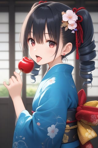 1girl, solo, looking at viewer, open mouth, bangs, hair ornament, ribbon, holding, hair between eyes, twintails, brown eyes, jewelry, hair ribbon, upper body, flower, earrings, food, japanese clothes, tongue, hair flower, tongue out, kimono, from side, looking to the side, drill hair, floral print, holding food, twin drills, blue kimono, candy apple