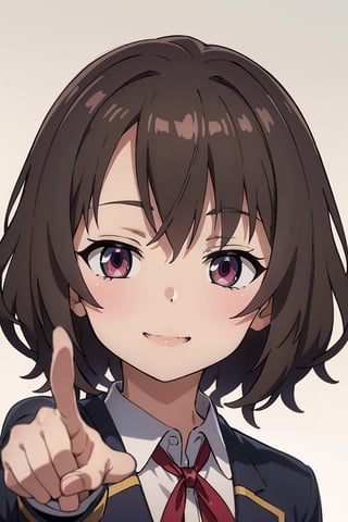 highly detailed, high quality, masterpiece, beautiful, anime, (medium close-up), 1 girl, alone, pointing at the camera, (light brown eyes, smiling happily, black hair, pretty facial features), wearing a red ribbon, uniformed student