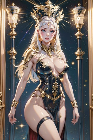 regal figure, flowing white hair, ornate gold armor, accessories, elaborate glowing staff, radiant light, elegant attire, intricate designs, dark background, luminous aura, power, divinity,Goddess Auroraëlia᲼, black long hair,bad_cop