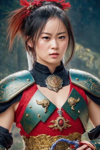 physically-based rendering, portrait, ultra-fine painting, extreme detail description, Akira Kurosawa's movie-style poster features a full-body shot of a 28-year-old girl, embodying the samurai spirit of Japan's Warring States Period, An enigmatic female samurai warrior, clad in ornate armor , This striking depiction, seemingly bursting with unspoken power, illustrates a fierce and formidable female warrior in the midst of battle. The image, likely a detailed painting, showcases the intensity of the female samurai's gaze and the intricate craftsmanship of his armor. Each intricately depicted detail mesmerizes the viewer, immersing them in the extraordinary skill and artistry captured in this remarkable 