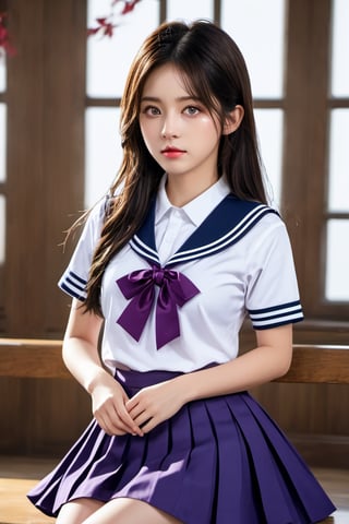 korean girl, school uniform, masterpiece, best quality, highres, 1girl, solo, long hair, purple sailor collar, purple skirt, short sleeves, red ribbon, large breasts, detailed face, beautiful detailed eyes, beautiful detailed lips, extremely detailed eyes and face, long eyelashes, photorealistic, 8k, hyper detailed, studio lighting, vivid colors, fit body shot, yellow eyes,xxmix_girl