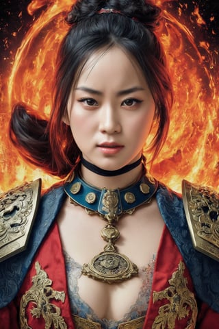 physically-based rendering, portrait, ultra-fine painting, extreme detail description, Akira Kurosawa's movie-style poster features a full-body shot of a 28-year-old girl, embodying the samurai spirit of Japan's Warring States Period, An enigmatic female samurai warrior, clad in ornate armor , This striking depiction, seemingly bursting with unspoken power, illustrates a fierce and formidable female warrior in the midst of battle. The image, likely a detailed painting, showcases the intensity of the female samurai's gaze and the intricate craftsmanship of his armor. Each intricately depicted detail mesmerizes the viewer, immersing them in the extraordinary skill and artistry captured in this remarkable 