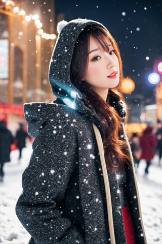 cute girl, long hair, fashion winter coat, big coat, Wear a coat over a hoodie, standing looking up snow is falling, winter night city, snowing, 4K, ultra HD, RAW photo, realistic, masterpiece, best quality, beautiful skin, white skin, 50mm, medium shot, outdoor, half body, photography, Portrait, ,chinatsumura, high fashion, snowflakes, dynamic light, warm lights, christmas lights, festival atmosphere