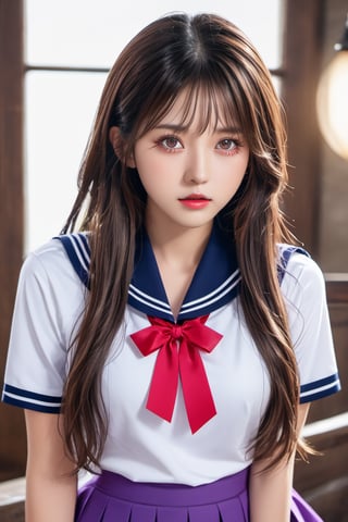 korean girl, school uniform, masterpiece, best quality, highres, 1girl, solo, long hair, purple sailor collar, purple skirt, short sleeves, red ribbon, large breasts, detailed face, beautiful detailed eyes, beautiful detailed lips, extremely detailed eyes and face, long eyelashes, photorealistic, 8k, hyper detailed, studio lighting, vivid colors, fit body shot, yellow eyes,xxmix_girl