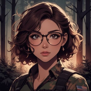 score_7_up, score_8_up, score_9, high quality, high detail, high resolution, masterpiece, illustration, cell shaded art, (latin american, Latina face, (1girl)), tan skin, dark brown ((curly)) shoulder length hair, glasses, (sci-fi contract mercenary, modern Military setting), detailed dark forest background, soft light, mid shot, fine details, vibrant colors, exquisite lighting and composition, 8k, comic cartoon