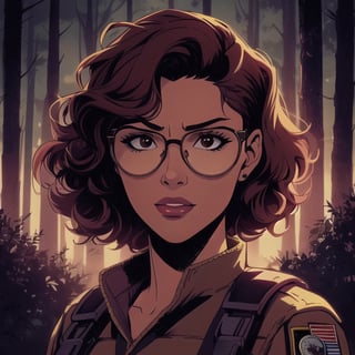 score_7_up, score_8_up, score_9, high quality, high detail, high resolution, masterpiece, illustration, cell shaded art, (latin american, Latina face, (1girl)), tan skin, dark brown ((curly)) shoulder length hair, glasses, (sci-fi contract mercenary, modern Military setting), detailed dark forest background, soft light, mid shot, fine details, vibrant colors, exquisite lighting and composition, 8k, comic cartoon