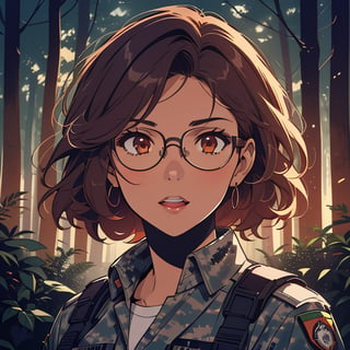 score_7_up, score_8_up, score_9, high quality, high detail, high resolution, masterpiece, illustration, cell shaded art, (latin american, Latina face, (1girl)), tan skin, dark brown ((curly)) shoulder length hair, glasses, (sci-fi contract mercenary, modern Military setting), detailed dark forest background, soft light, mid shot, fine details, vibrant colors, exquisite lighting and composition, 8k, comic cartoon