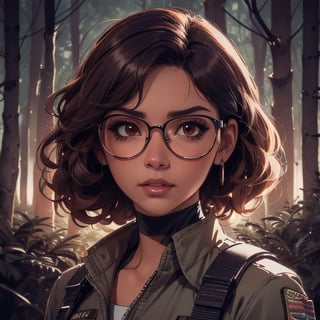 score_7_up, score_8_up, score_9, high quality, high detail, high resolution, masterpiece, illustration, cell shaded art, (latin american, Latina face, (1girl)), tan skin, dark brown ((curly)) shoulder length hair, glasses, (sci-fi contract mercenary, modern Military setting), detailed dark forest background, soft light, mid shot, fine details, vibrant colors, exquisite lighting and composition, 8k, comic cartoon